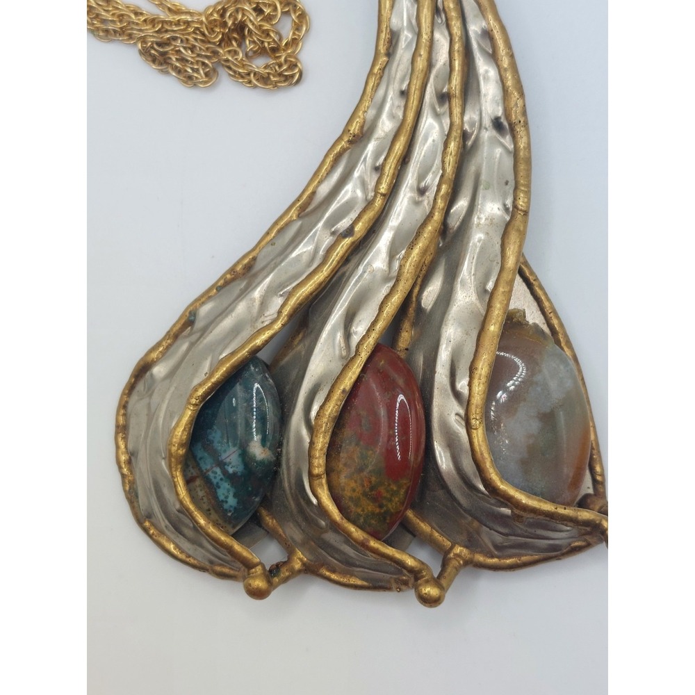 1970s Necklace Earthy Artisan Mixed Metal Statement Natural Stone Boho Vintage